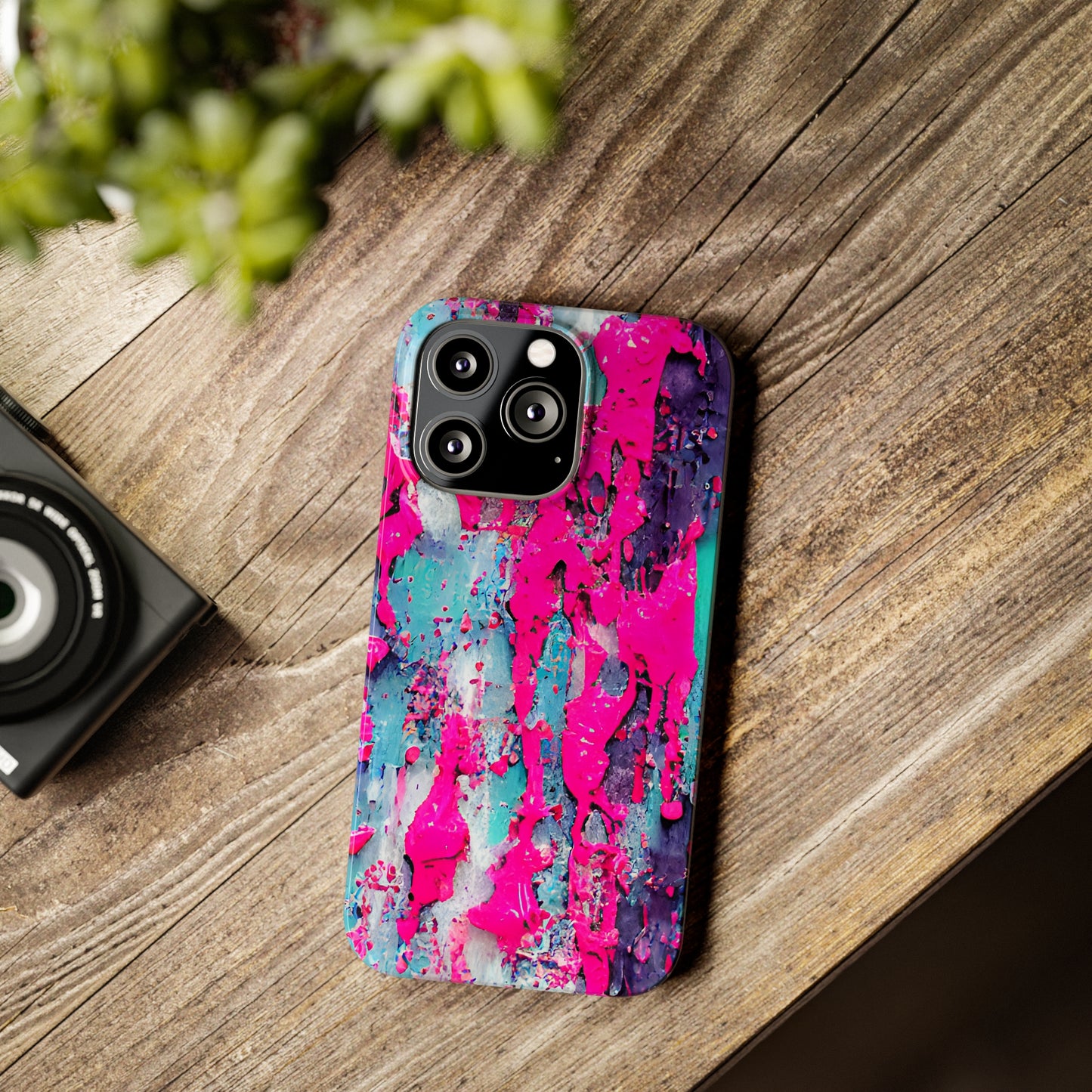 Slim Phone Case Neon Pink Paint Splatter