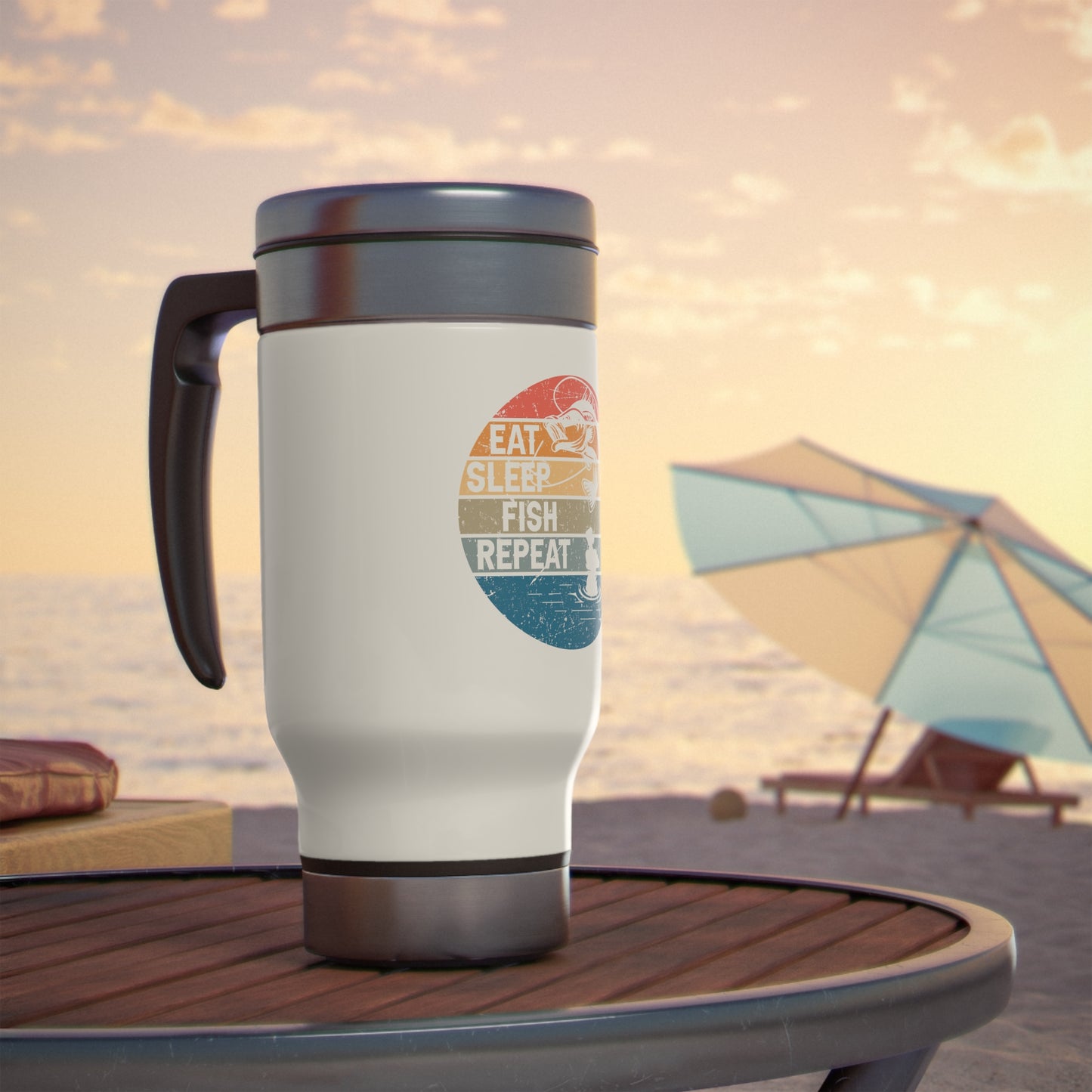 Eat Sleep Fish Repeat Stainless Steel Travel Mugs with Handle, 14oz