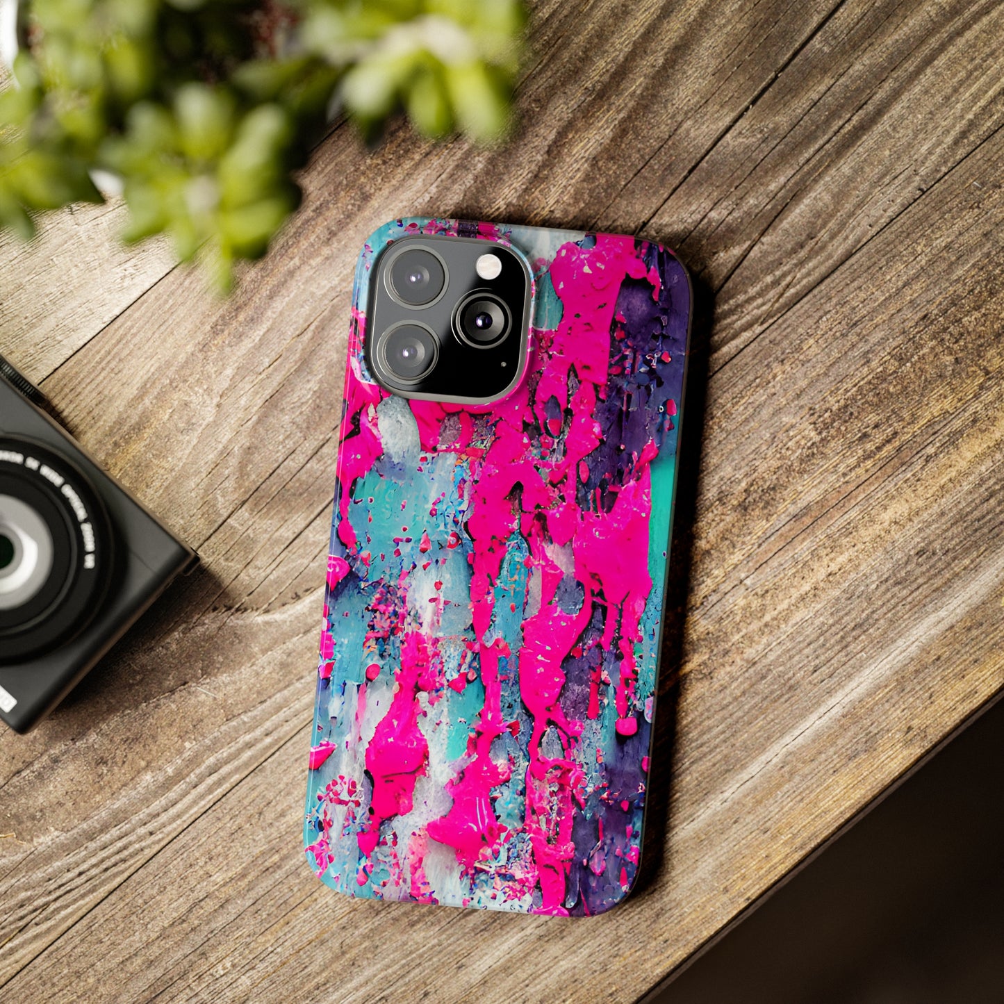 Slim Phone Case Neon Pink Paint Splatter