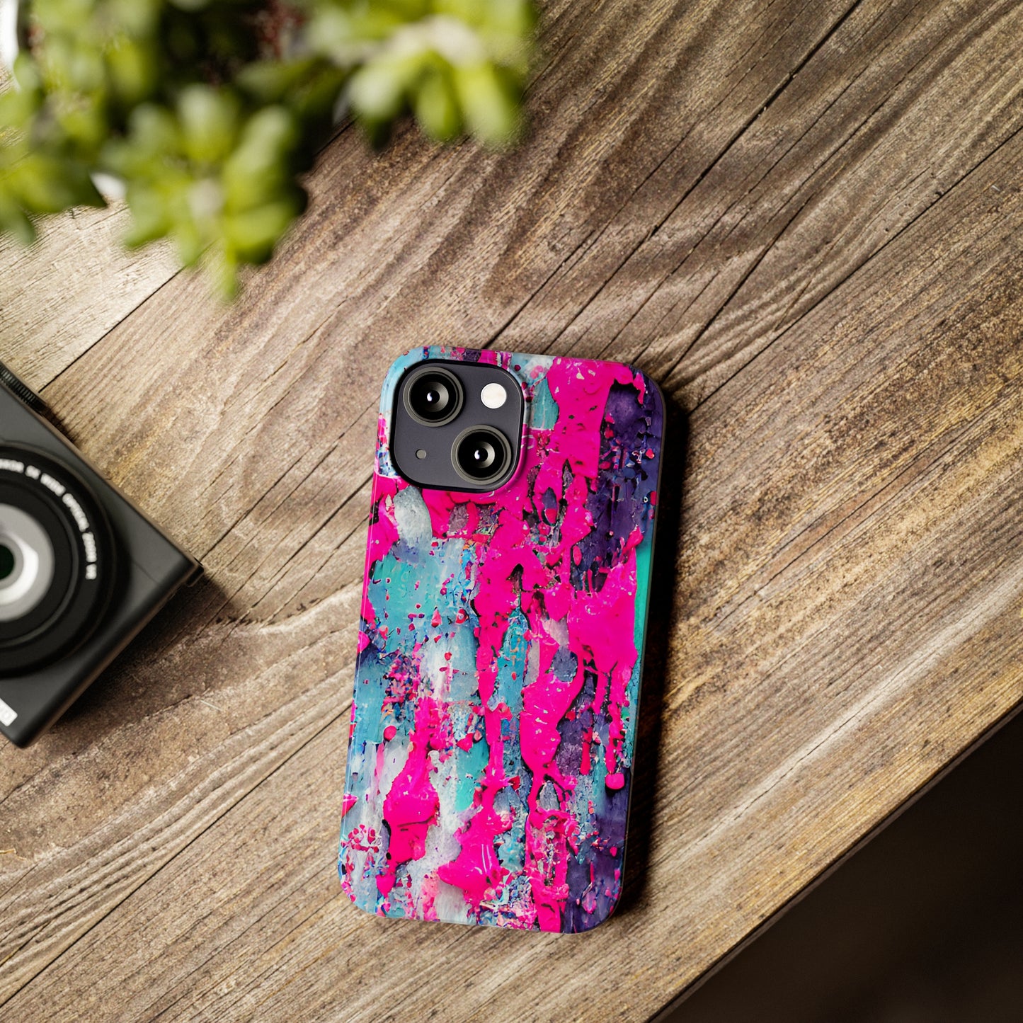 Slim Phone Case Neon Pink Paint Splatter