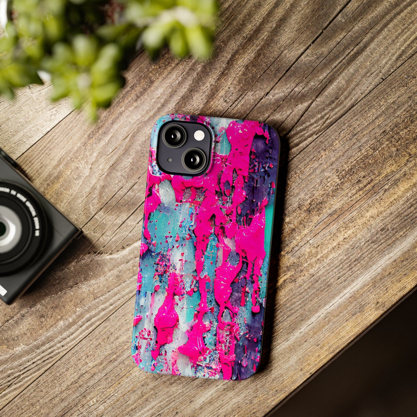 Slim Phone Case Neon Pink Paint Splatter