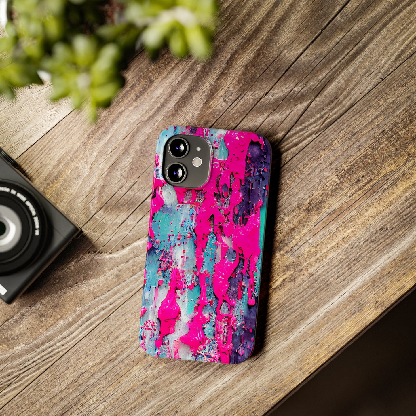 Slim Phone Case Neon Pink Paint Splatter