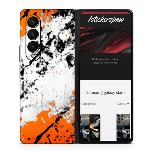 Samsung Z Fold Vinyl Skin Orange & Black Paint Splatter