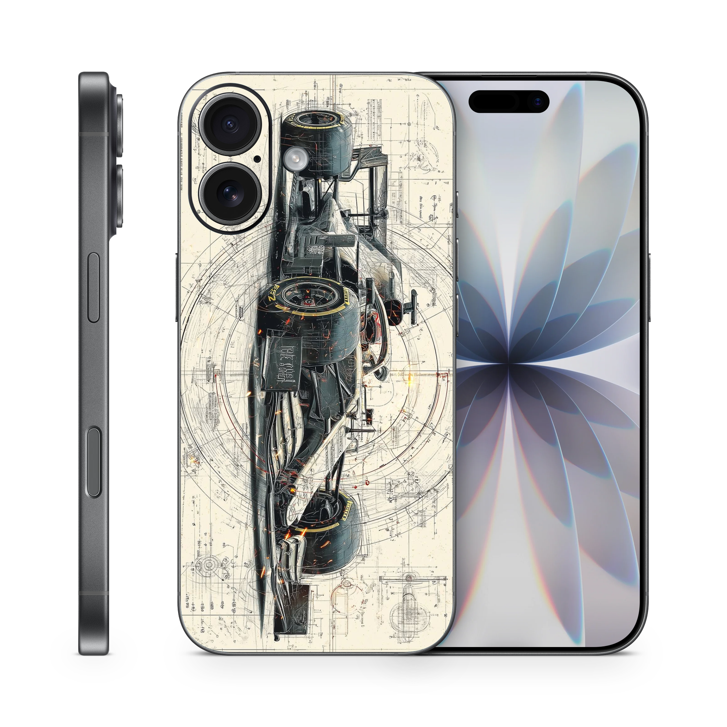 F-1 Racing Vinyl Wrap Skin Compatible with iPhone, Removable, Engineering Blueprint Style