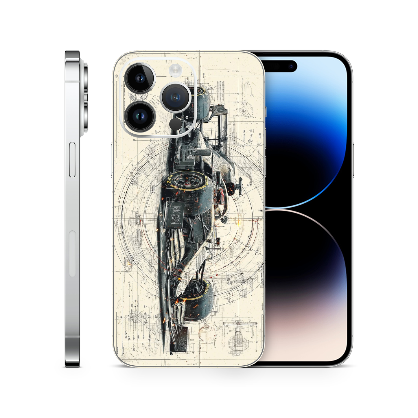 F-1 Racing Vinyl Wrap Skin Compatible with iPhone, Removable, Engineering Blueprint Style