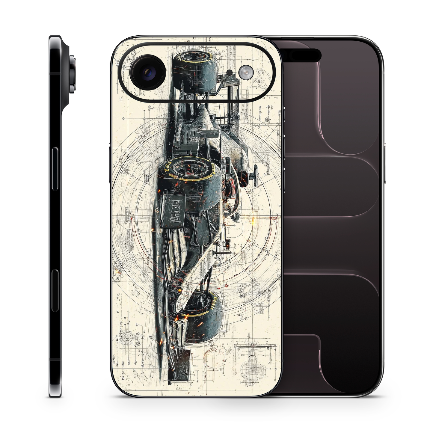 F-1 Racing Vinyl Wrap Skin Compatible with iPhone, Removable, Engineering Blueprint Style