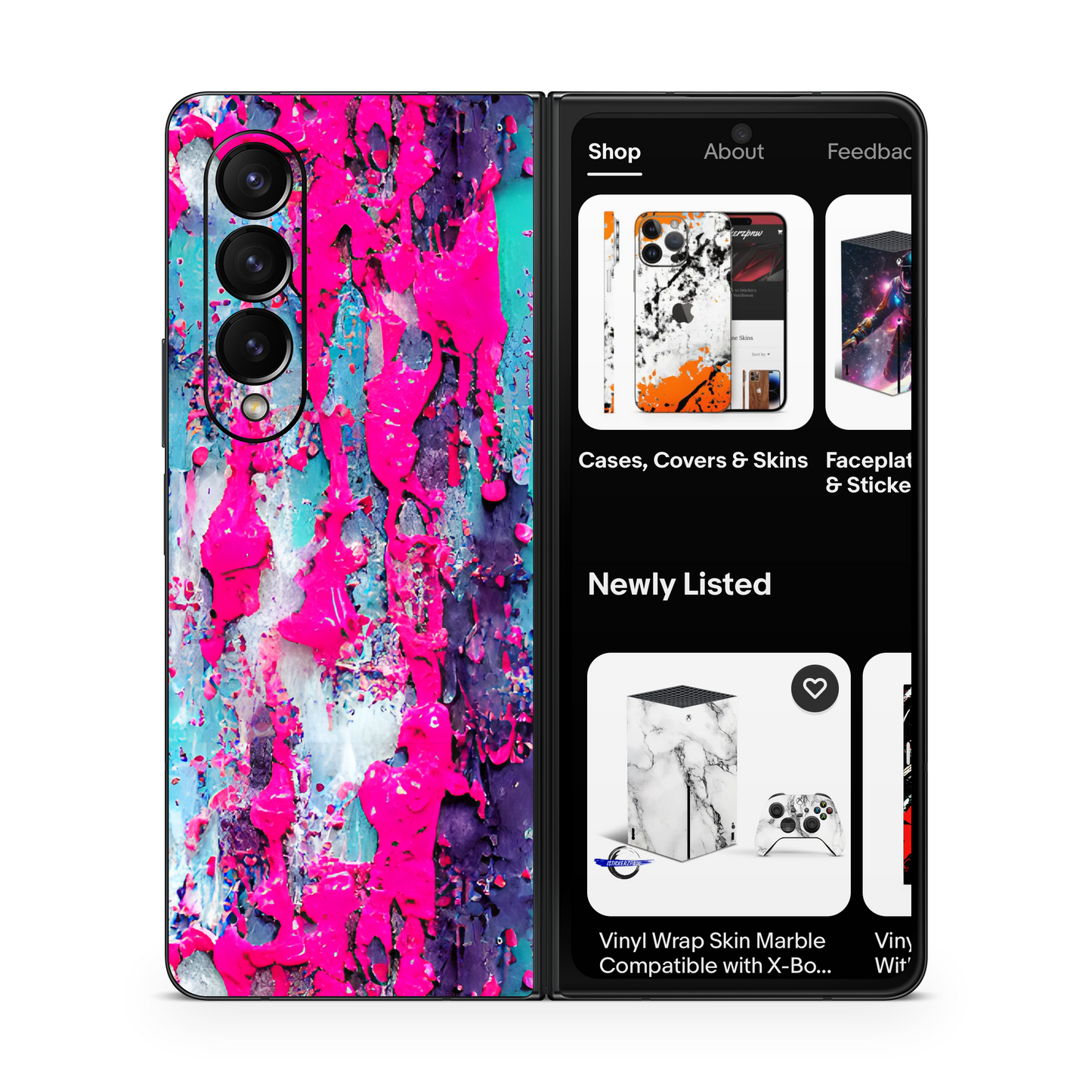 Samsung Z Fold Vinyl Skin Neon Pink Paint Splatter