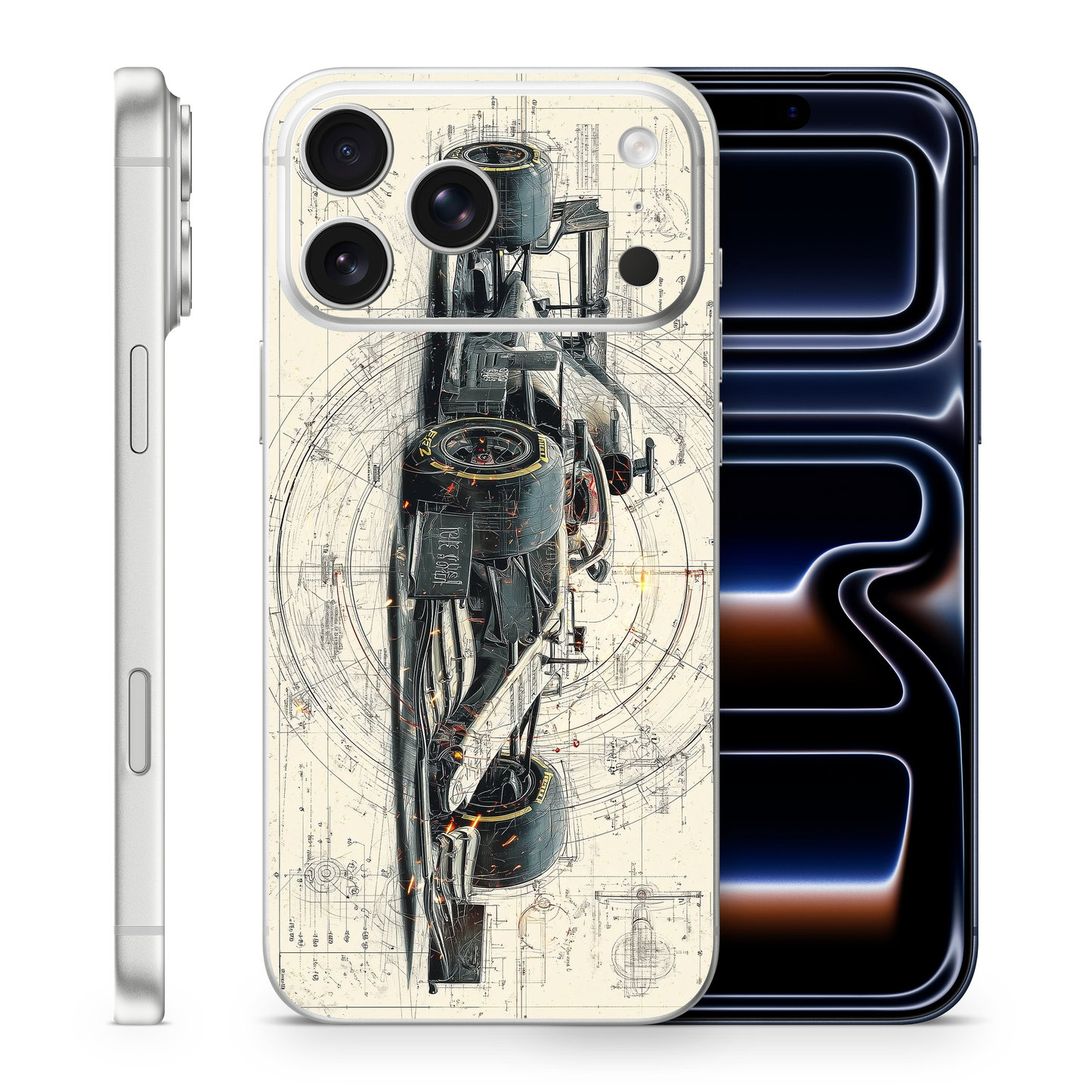 F-1 Racing Vinyl Wrap Skin Compatible with iPhone, Removable, Engineering Blueprint Style